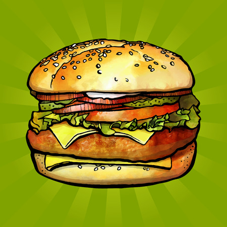 Sketch by hand. Hamburger with cheese, tomatoes, chop, lettuce, onion. Illustration for design fast food menu. Vector illustrationのイラスト素材