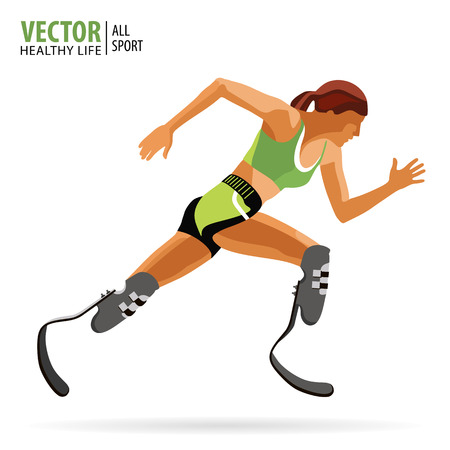 Athlete with a disability. Paralympic. Running. Athletic woman. The prosthetic leg.Championship. Athletics. Vector illustration.のイラスト素材