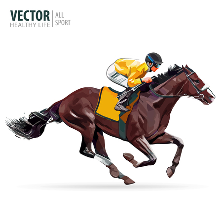 Jockey on horse. Champion. Horse racing. Hippodrome. Racetrack. Jump racetrack. Horse riding. Racing horse coming first to finish line. Vector illustration.のイラスト素材