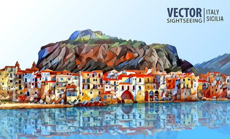 Coast of Cefalu, Palermo - Sicily. Architecture and landmark. Landscape. Ancient cityscape. Vector illustration.のイラスト素材