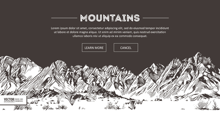 Mountains ranges. Nature sketch. Spiky mountain landscape sketch hand drawing, in engraving etching style, for extreme climbing sport, adventure travel and tourism design. Vector panorama.のイラスト素材