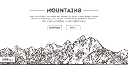 Mountains ranges. Nature sketch. Spiky mountain landscape sketch hand drawing, in engraving etching style, for extreme climbing sport, adventure travel and tourism design. Vector panorama.の写真素材