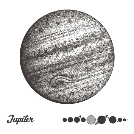 Jupiter. Collection of planets in solar system. Engraving style. Vintage elegant science set. Sacred geometry, magic, esoteric philosophies, tattoo, art. Isolated hand-drawn vector illustrationのイラスト素材