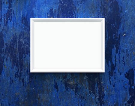 Landscape large 50x70, 20x28, A3, A4. White art poster. Mockup. White frame on blue wooden wall....