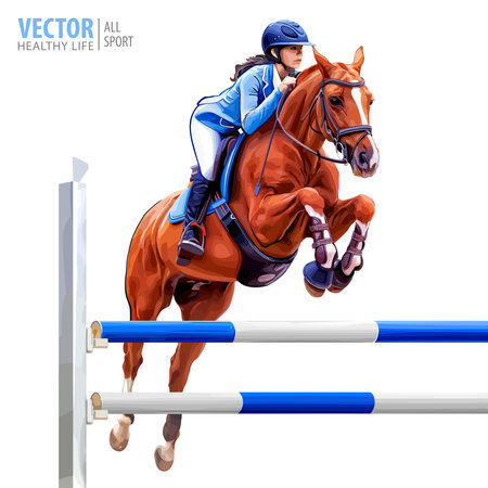 Jockey on horse. Champion. Horse riding. Equestrian sport. Jockey riding jumping horse. Poster. Sport background. Isolated Vector Illustrationのイラスト素材
