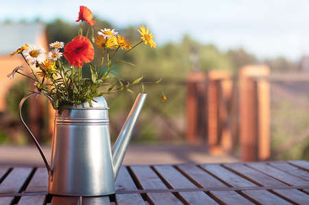 A bouquet of red poppies and daisies in a metal watering can. Summer floral background. Copy spaceの写真素材