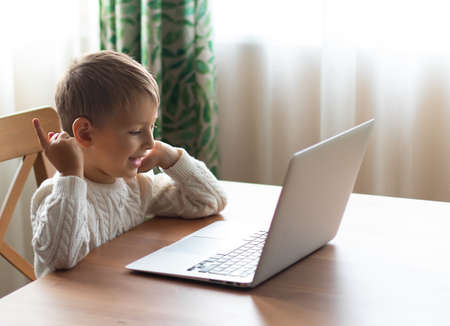 Little boy in a white sweater is sitting at a laptop and speaking by video call. Christmas preparation and congratulations. Distant education conceptの写真素材