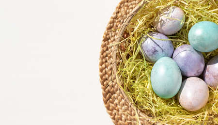 Easter concept banner. Pink, purple and blue eggs in a wicker basket with straw on a white...