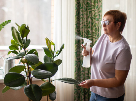 An elderly woman sprays the leaves of house plants with a spray bottle. Spring cleaning concept.の写真素材