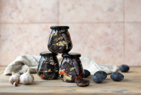 Jar-dried plum appetizer. Autumn canningの写真素材