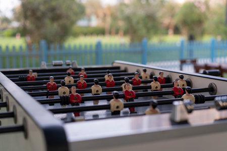Table football outdoors in the courtyard of a hotel in Dubai.の写真素材