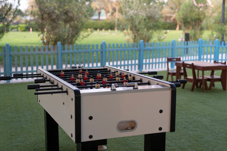 Table football outdoors in the courtyard of a hotel in Dubai.