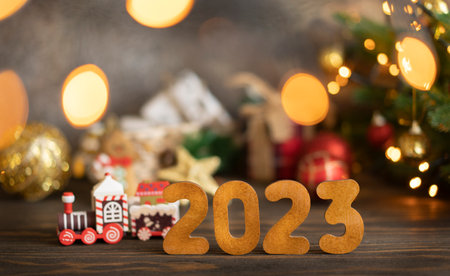 Wooden numbers 2023 and christmas decorationの写真素材