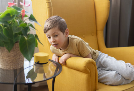 A little boy sits in a chair and communicates with a smart speakerの写真素材