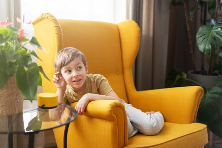 A little boy sits in a chair and communicates with a smart speakerの写真素材