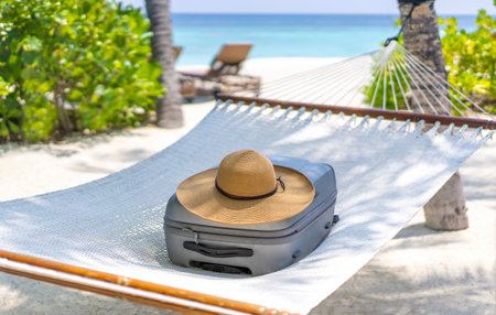 A suitcase and a straw hat lying on a hammock in the backdrop of the landscape of the Maldives....