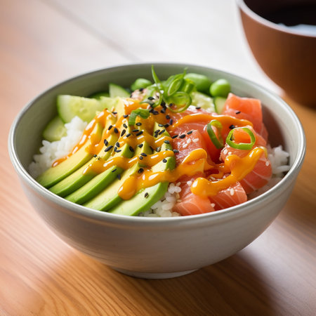 Poke bowl with salmon and avocado, Hawaiian cuisine. Generated with artificial intelligenceの素材