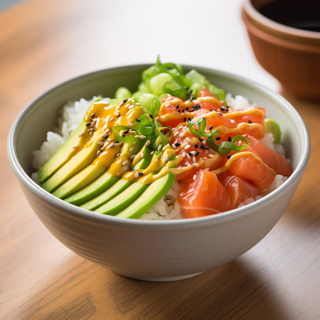 Poke bowl with salmon and avocado, Hawaiian cuisine. Generated with artificial intelligenceの素材