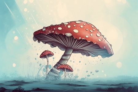Fly agaric illustration. Microdosing, growing mushrooms in vitro. The concept of alternative medicine, micro-dosing and fly agaric mushrooms treatment. AI generated imageの素材