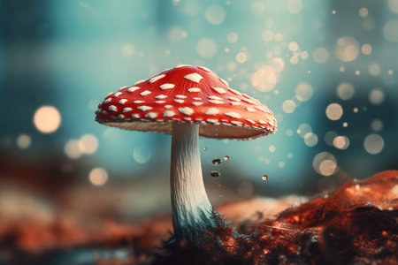 Fly agaric illustration. Microdosing, growing mushrooms in vitro. The concept of alternative medicine, micro-dosing and fly agaric mushrooms treatment. AI generated imageの素材