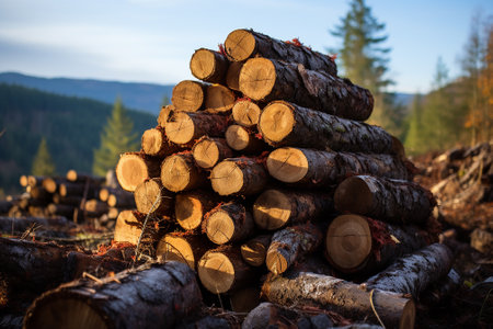stacked logs. The concept of the problem of ecology and deforestation.の素材