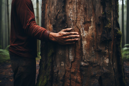 Hands hugging a tree trunk. The concept of protecting nature and combating deforestation.の素材