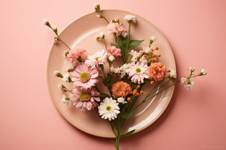 Plate with flowers. The concept of vegan, vegetarian and healthy food. Concept for Womens Day, Valentines Day and romantic anniversaries. Generative AIの素材