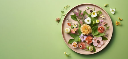 Plate with flowers. The concept of vegan, vegetarian and healthy food. Concept for Womens Day, Valentines Day and romantic anniversaries. Generative AIの素材