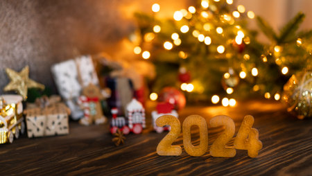 Wooden numbers 2024 and christmas decoration.の写真素材