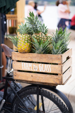 Basket with pineapples with the inscription; from the farm to the glass; on the bike rack.