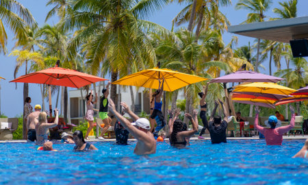 13.03.2023, Hard Rock hotel Maldives, Maldive Islands. Aqua Zumba training in the pool of the Hard Rock Hotel Maldivesのeditorial素材