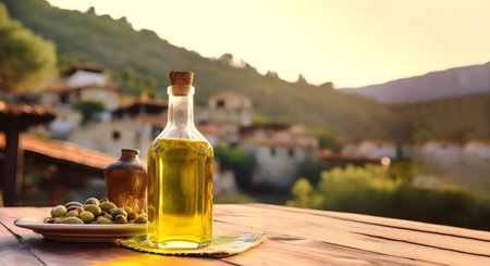 A bottle of olive oil on a wooden table against the backdrop of a Mediterranean village in sunset light. Mockup, copy space.の素材