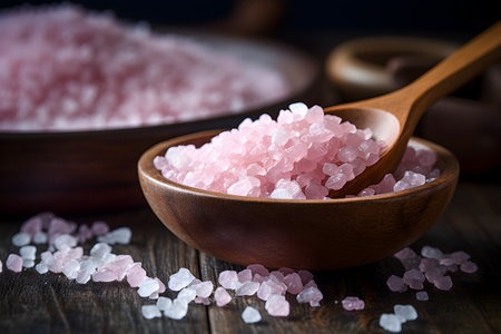 Pink Himalayan salt in a wooden bowl and a spoon nearby.の素材
