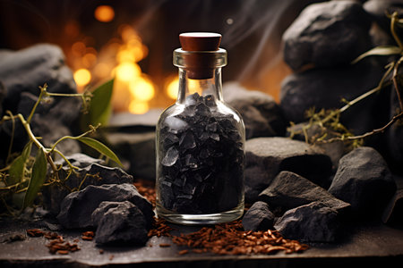 Vial with black volcanic lava salt on a natural background. Unusual table salt. Black truffle salt. Black Kala Namak saltの素材
