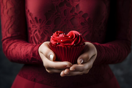 Women's hands hold a cup cake. Valentine's Day concept. Copy spaceの素材