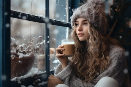 A young girl in a knitted hat sits by the window and looks at the winter landscape outside the window. Concept of energy crisis and energy saving.の素材
