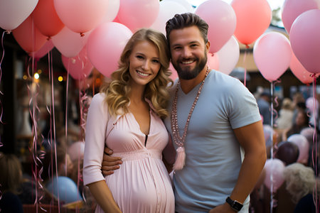 Couple of young parents at a gender reveal partyの素材