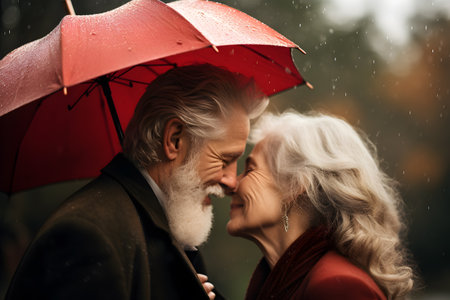 An elderly couple in love, a man and a woman, stand under an umbrella and look at each other with love. Valentine's day concept.の素材