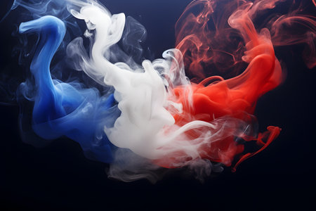 Cigarette smoke in the colors of the French flag. Concept of a smoking ban in Franceの素材