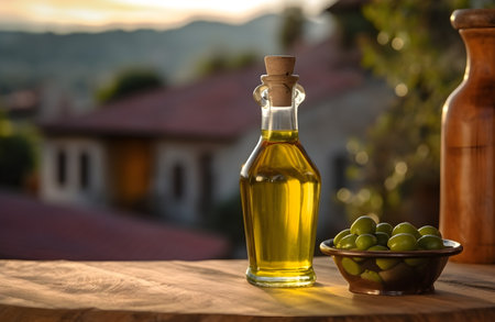 A bottle of olive oil on a wooden table against the backdrop of a Mediterranean village in sunset light. Mockup, copy space.の素材