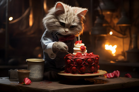 Cartoon cat pastry chef preparing a cake for Valentine's Day.の素材