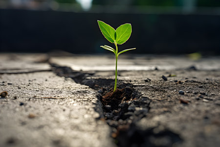 A green sprout breaking through the asphalt. The concept of the victory of nature and the arrival of spring.の素材