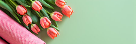 Rolled up pink sports mat on a soft green background. Concept of sport, fitness, Women's Day, Valentine's Day. Copy space. Bannerの素材
