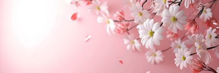 White flowers on a soft pink background with copy space. Concept for Women's Day, Valentine's Day and romantic anniversaries. Banner.の素材