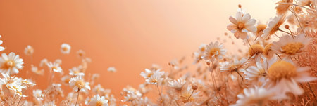 White flowers on a background of peach color with copy space. Concept for Women's Day, Valentine's Day and romantic anniversaries. Banner.の素材