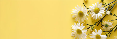 White flowers on a soft yellow background with copy space. Concept for Women's Day, Valentine's Day and romantic anniversaries. Banner.の素材