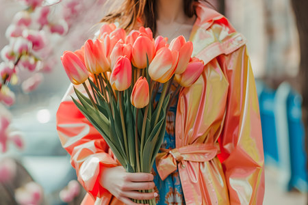 A portrait of a girl without face with a bouquet of tulips on the background of a spring city landscape. The concept of international Women's Day.の素材