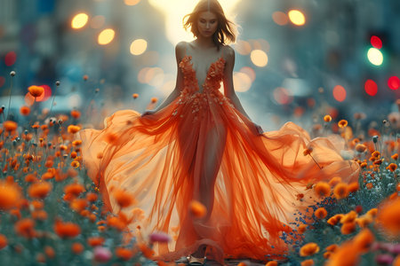 A young girl in an orange dress goes through a flowering city. Concept of the arrival of spring and summer.の素材