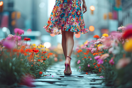A young girl from the back in a dress in flowers goes through a flowering city. Concept of the arrival of spring and summer.の素材