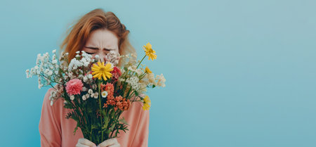 A girl sniffs a bouquet of flowers and sneezes. Allergy to seasonal bloom concept. Copy space.の素材
